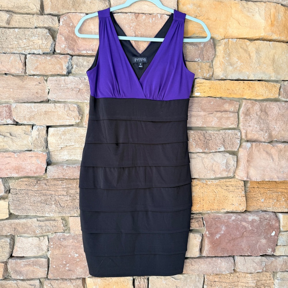 Enfocus Studio 8 Womens Purple Black Colorblock Tiered Sheath Dress Cocktail